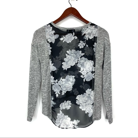 IZ Byer Static Gray Floral Print Sheer Panel High Low Thin Sweater Size XS - Picture 2 of 16